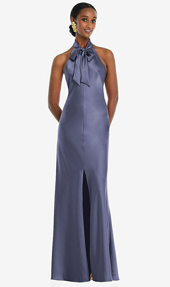 Front View - French Blue Scarf Tie Stand Collar Maxi Dress with Front Slit