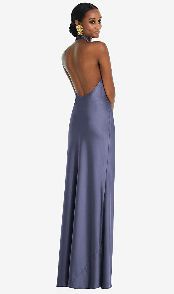 Back View - French Blue Scarf Tie Stand Collar Maxi Dress with Front Slit