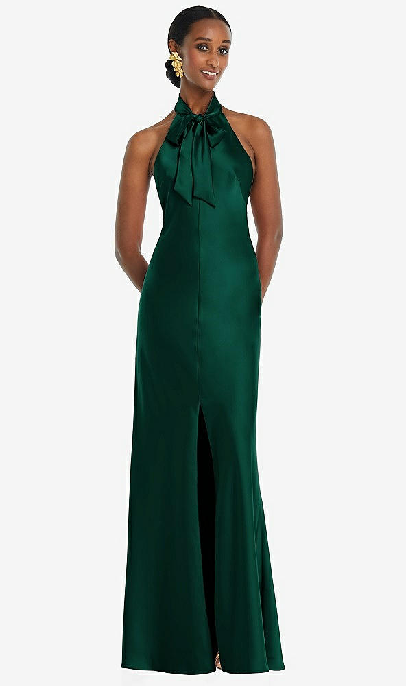 Front View - Hunter Green Scarf Tie Stand Collar Maxi Dress with Front Slit