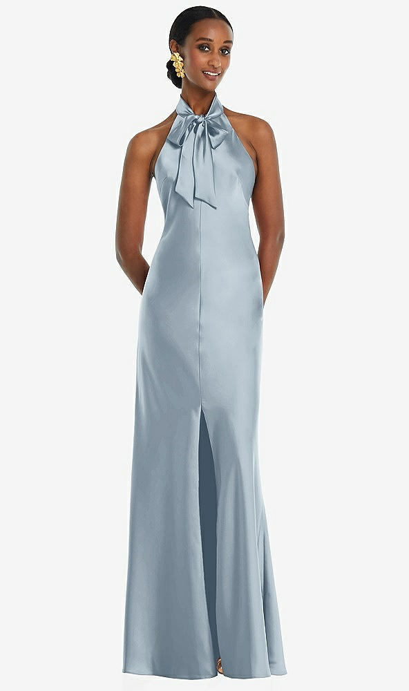 Front View - Mist Scarf Tie Stand Collar Maxi Dress with Front Slit
