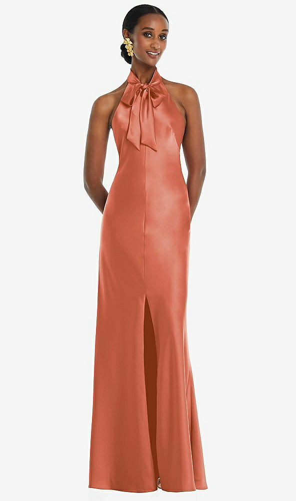 Front View - Terracotta Copper Scarf Tie Stand Collar Maxi Dress with Front Slit
