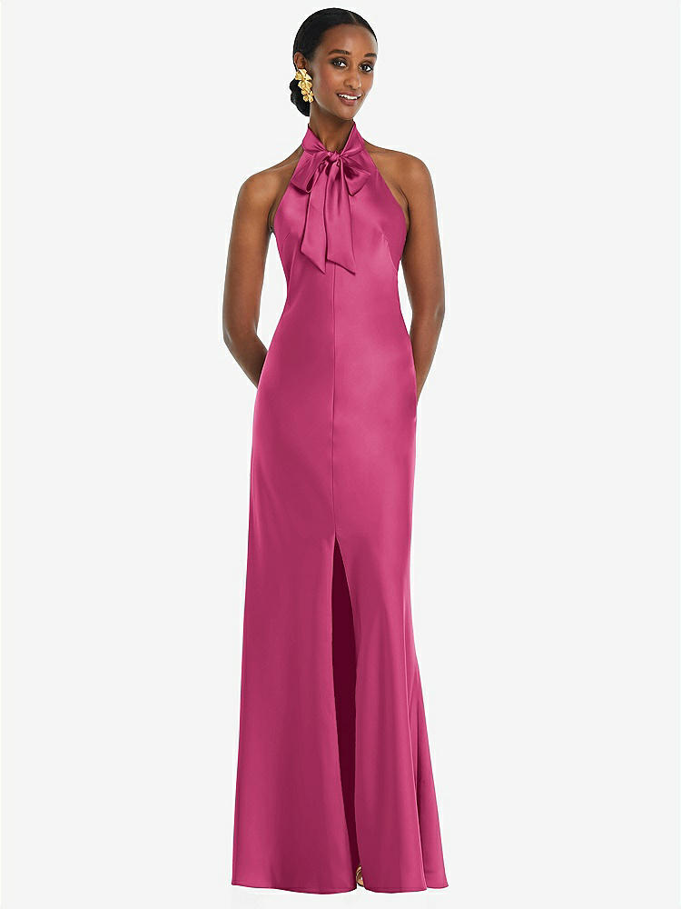 Scarf Tie High-neck Halter Midi Slip Bridesmaid Dress In Tea Rose