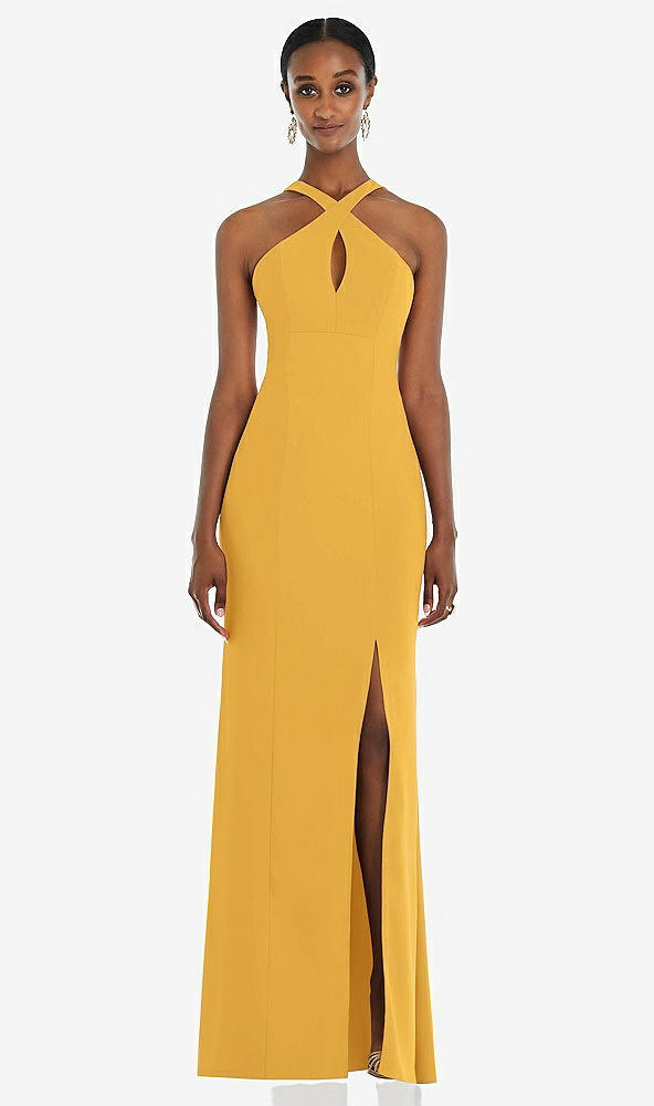 Front View - NYC Yellow Criss Cross Halter Princess Line Trumpet Gown