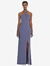 Front View Thumbnail - French Blue Criss Cross Halter Princess Line Trumpet Gown