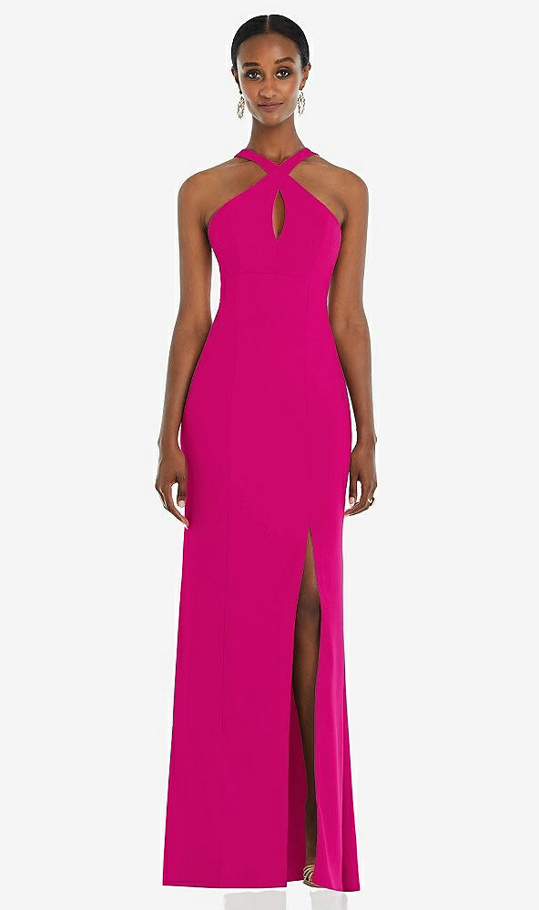 Front View - Think Pink Criss Cross Halter Princess Line Trumpet Gown