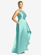 Side View Thumbnail - Coastal One-Shoulder Satin Gown with Draped Front Slit and Pockets