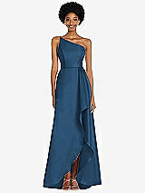 Alt View 1 Thumbnail - Dusk Blue One-Shoulder Satin Gown with Draped Front Slit and Pockets
