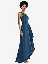 Alt View 2 Thumbnail - Dusk Blue One-Shoulder Satin Gown with Draped Front Slit and Pockets