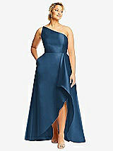Front View Thumbnail - Dusk Blue One-Shoulder Satin Gown with Draped Front Slit and Pockets