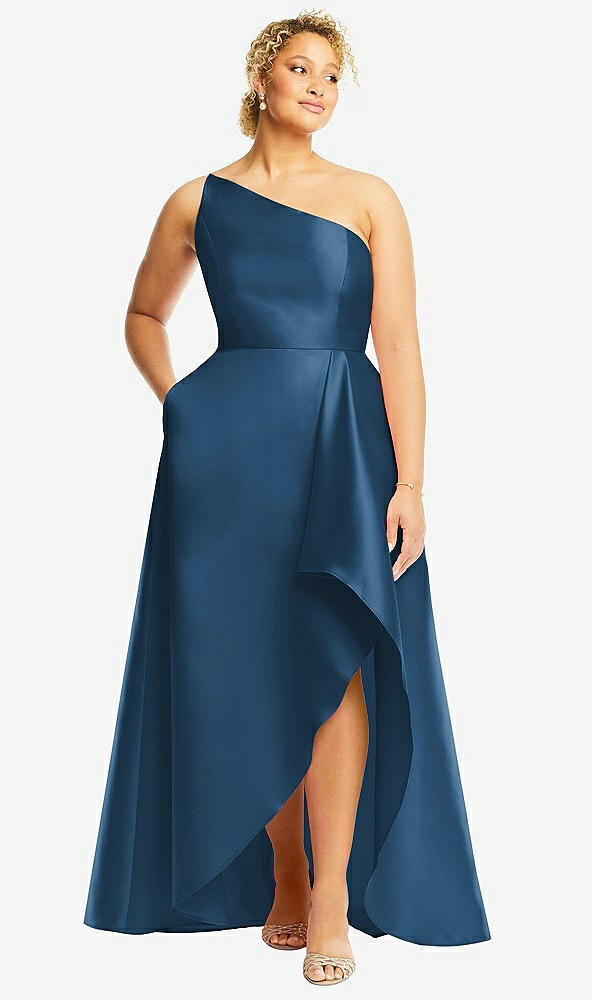 Front View - Dusk Blue One-Shoulder Satin Gown with Draped Front Slit and Pockets
