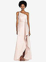 Alt View 1 Thumbnail - Blush One-Shoulder Satin Gown with Draped Front Slit and Pockets