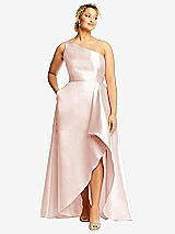 Front View Thumbnail - Blush One-Shoulder Satin Gown with Draped Front Slit and Pockets