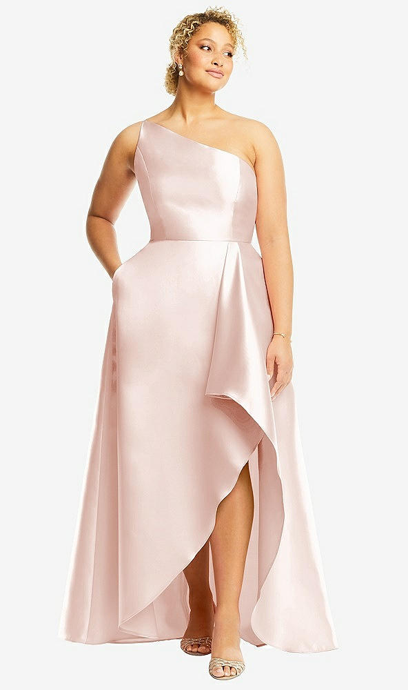 Front View - Blush One-Shoulder Satin Gown with Draped Front Slit and Pockets