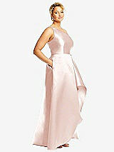 Side View Thumbnail - Blush One-Shoulder Satin Gown with Draped Front Slit and Pockets