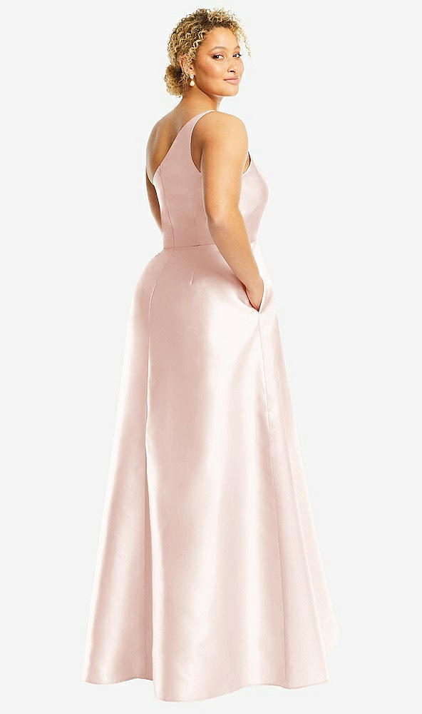 Back View - Blush One-Shoulder Satin Gown with Draped Front Slit and Pockets