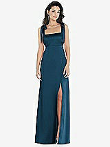 Front View Thumbnail - Atlantic Blue Flat Tie-Shoulder Empire Waist Maxi Dress with Front Slit