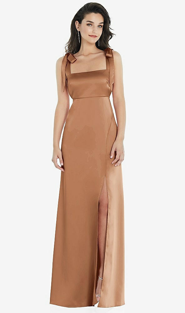 Front View - Toffee Flat Tie-Shoulder Empire Waist Maxi Dress with Front Slit