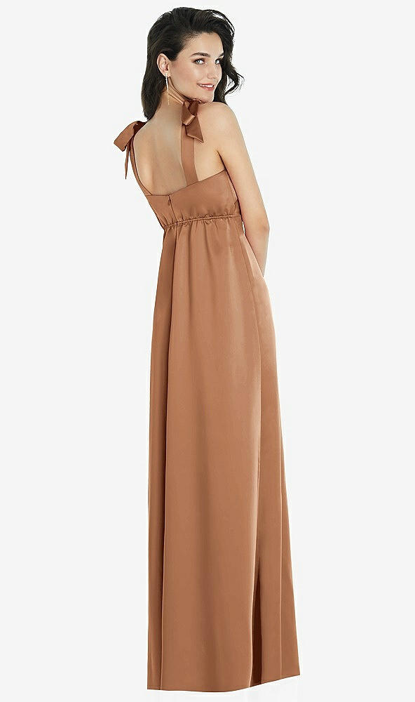 Back View - Toffee Flat Tie-Shoulder Empire Waist Maxi Dress with Front Slit
