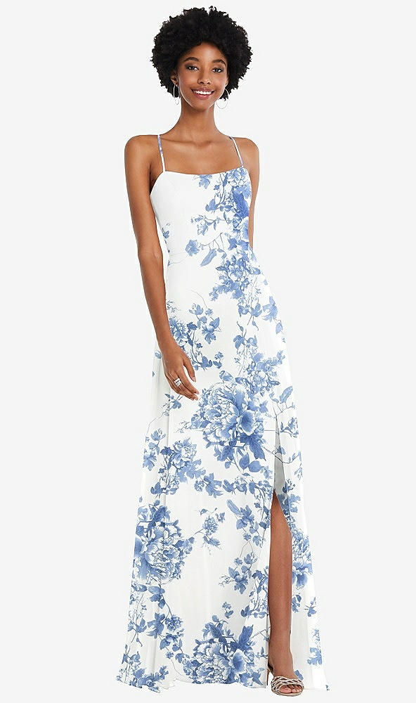 Front View - Cottage Rose Dusk Blue Scoop Neck Convertible Tie-Strap Maxi Dress with Front Slit