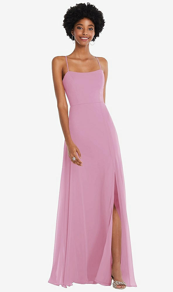 Front View - Powder Pink Scoop Neck Convertible Tie-Strap Maxi Dress with Front Slit