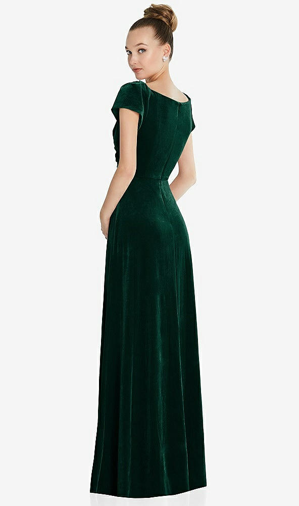 Back View - Evergreen Cap Sleeve Faux Wrap Velvet Maxi Dress with Pockets