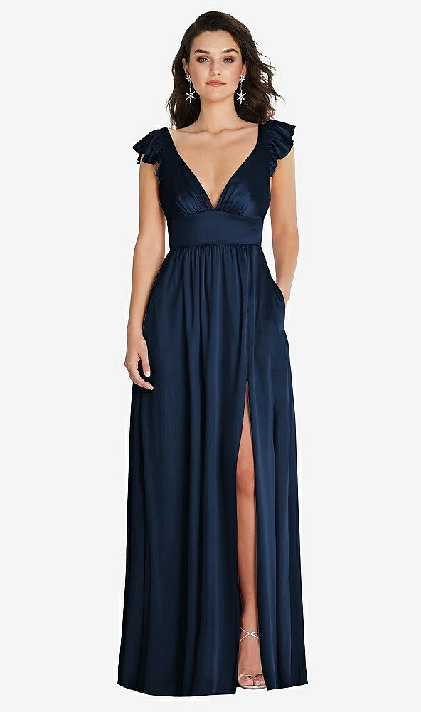 Front View - Midnight Navy Deep V-Neck Ruffle Cap Sleeve Maxi Dress with Convertible Straps