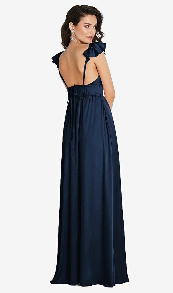 Back View - Midnight Navy Deep V-Neck Ruffle Cap Sleeve Maxi Dress with Convertible Straps