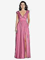 Front View Thumbnail - Orchid Pink Deep V-Neck Ruffle Cap Sleeve Maxi Dress with Convertible Straps