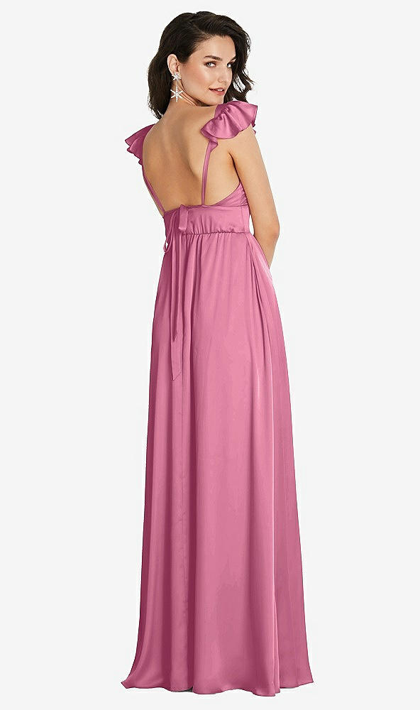 Back View - Orchid Pink Deep V-Neck Ruffle Cap Sleeve Maxi Dress with Convertible Straps