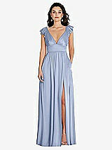 Front View Thumbnail - Sky Blue Deep V-Neck Ruffle Cap Sleeve Maxi Dress with Convertible Straps