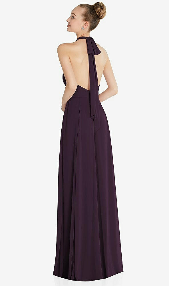 Back View - Aubergine Halter Backless Maxi Dress with Crystal Button Ruffle Placket