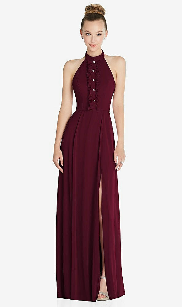 Front View - Cabernet Halter Backless Maxi Dress with Crystal Button Ruffle Placket