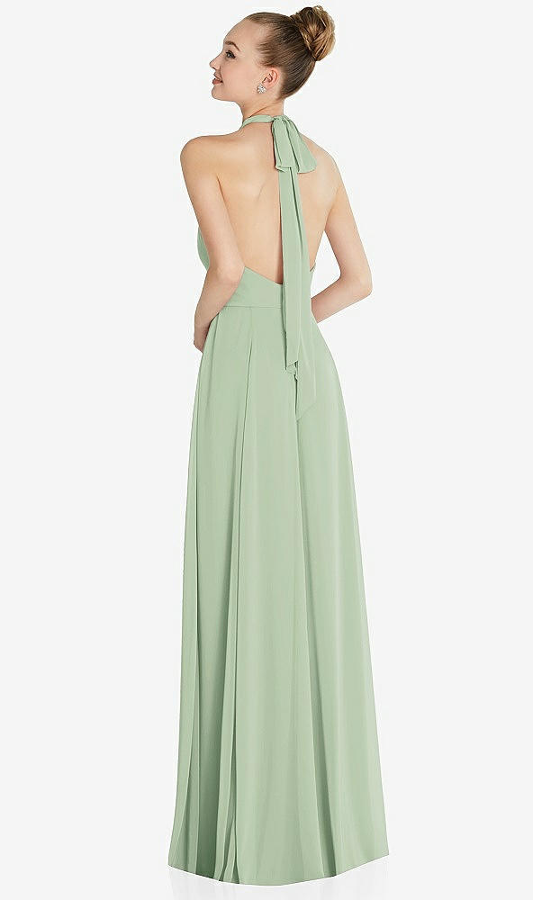 Back View - Celadon Halter Backless Maxi Dress with Crystal Button Ruffle Placket