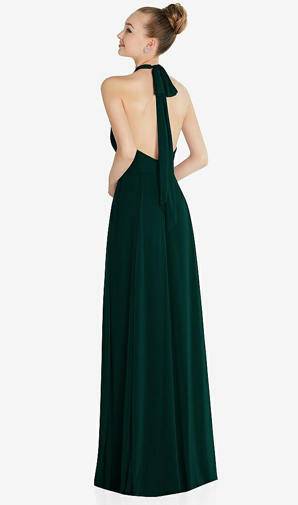 Back View - Evergreen Halter Backless Maxi Dress with Crystal Button Ruffle Placket