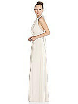 Side View Thumbnail - Ivory Halter Backless Maxi Dress with Crystal Button Ruffle Placket