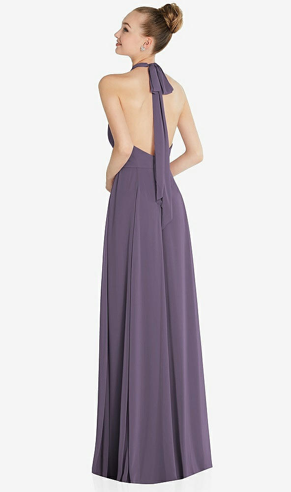 Back View - Lavender Halter Backless Maxi Dress with Crystal Button Ruffle Placket