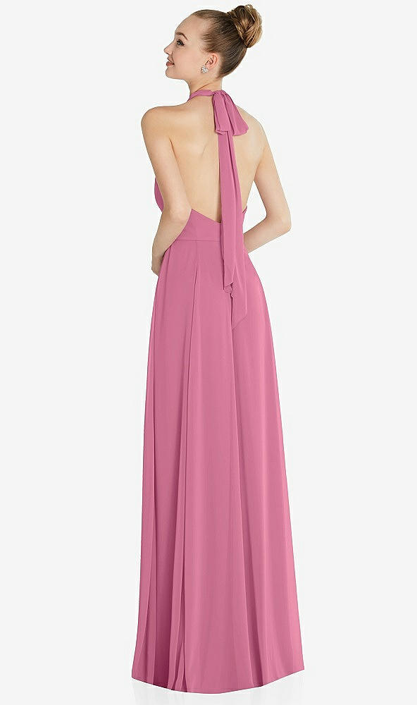 Back View - Orchid Pink Halter Backless Maxi Dress with Crystal Button Ruffle Placket