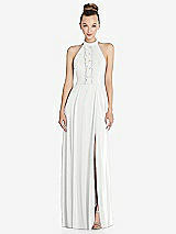 Front View Thumbnail - White Halter Backless Maxi Dress with Crystal Button Ruffle Placket
