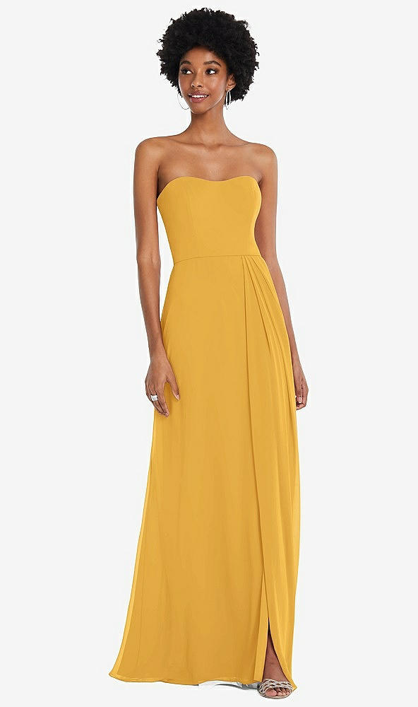 Front View - NYC Yellow Strapless Sweetheart Maxi Dress with Pleated Front Slit 