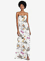 Front View Thumbnail - Butterfly Botanica Ivory Strapless Sweetheart Maxi Dress with Pleated Front Slit 
