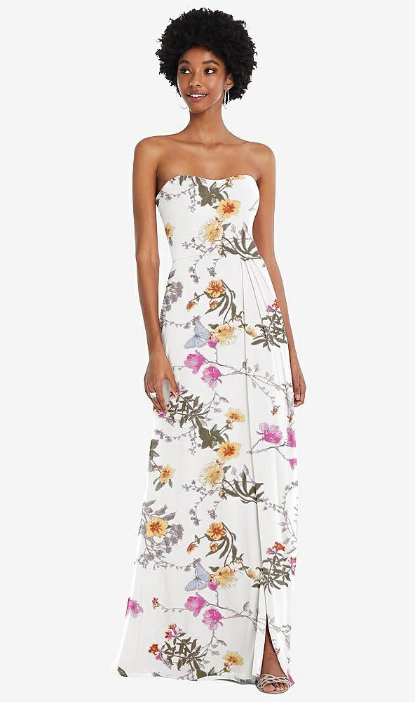 Front View - Butterfly Botanica Ivory Strapless Sweetheart Maxi Dress with Pleated Front Slit 