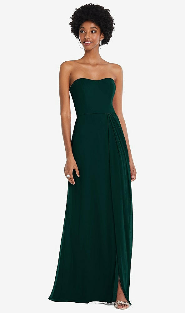 Front View - Evergreen Strapless Sweetheart Maxi Dress with Pleated Front Slit 