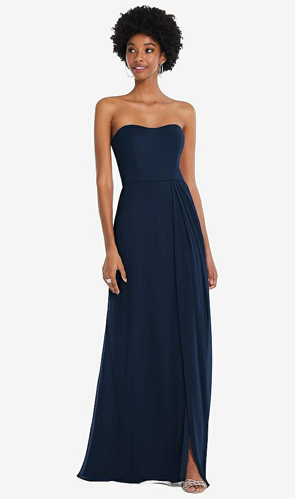 Front View - Midnight Navy Strapless Sweetheart Maxi Dress with Pleated Front Slit 