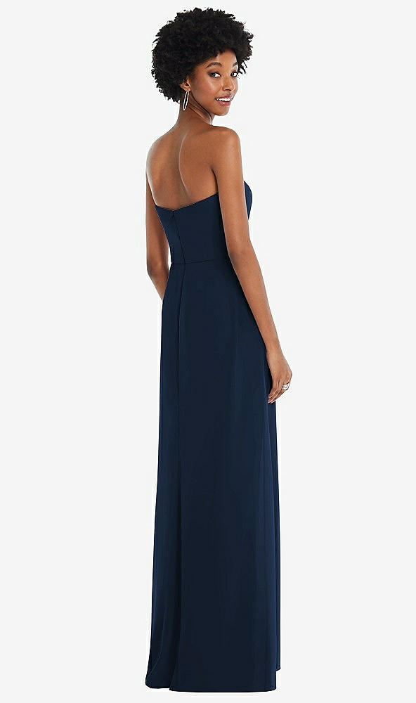 Back View - Midnight Navy Strapless Sweetheart Maxi Dress with Pleated Front Slit 