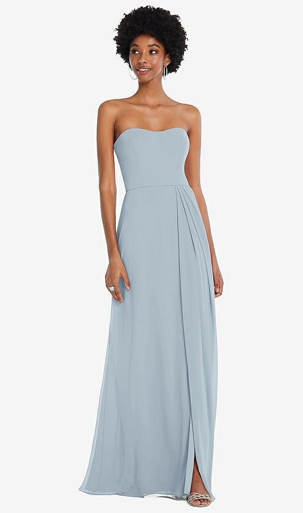 Front View - Mist Strapless Sweetheart Maxi Dress with Pleated Front Slit 