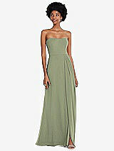 Front View Thumbnail - Sage Strapless Sweetheart Maxi Dress with Pleated Front Slit 