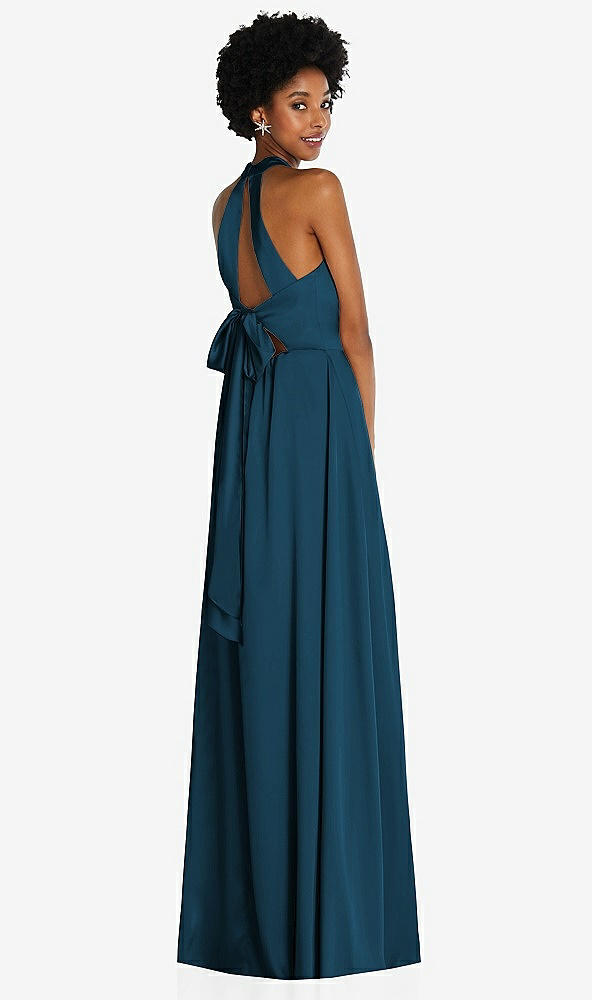 Back View - Atlantic Blue Stand Collar Cutout Tie Back Maxi Dress with Front Slit