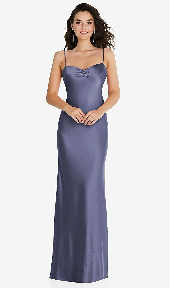 Front View - French Blue Open-Back Convertible Strap Maxi Bias Slip Dress