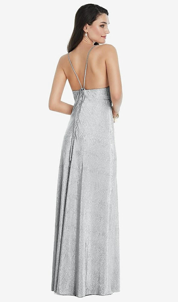 Back View - Silver Deep V-Neck Metallic Gown with Convertible Straps