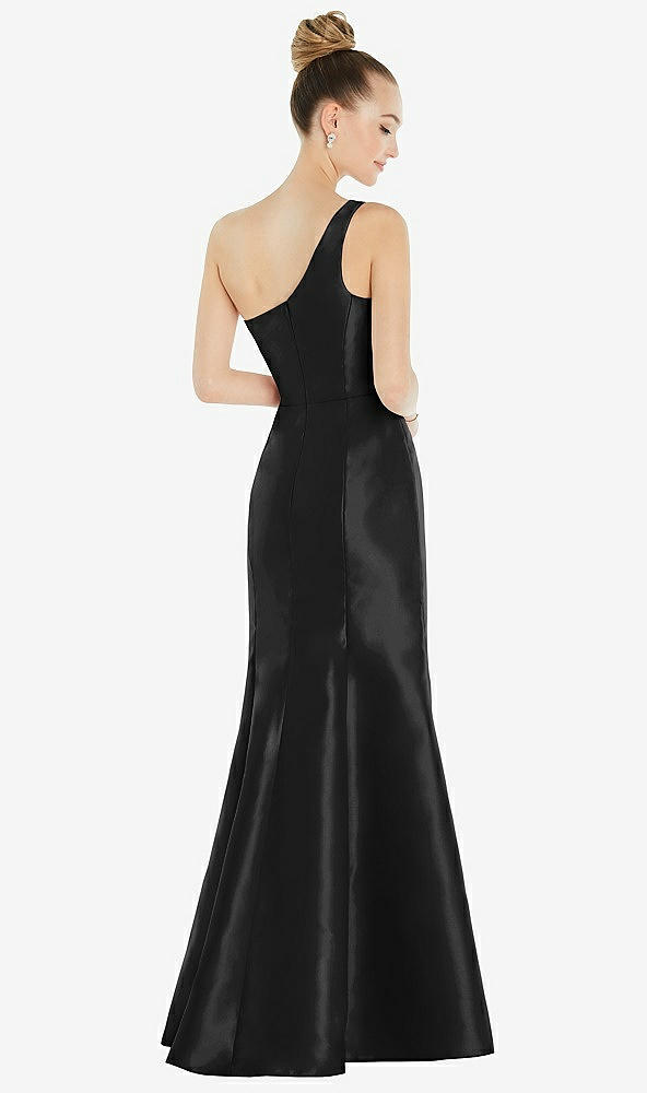 Back View - Black Draped One-Shoulder Satin Trumpet Gown with Front Slit